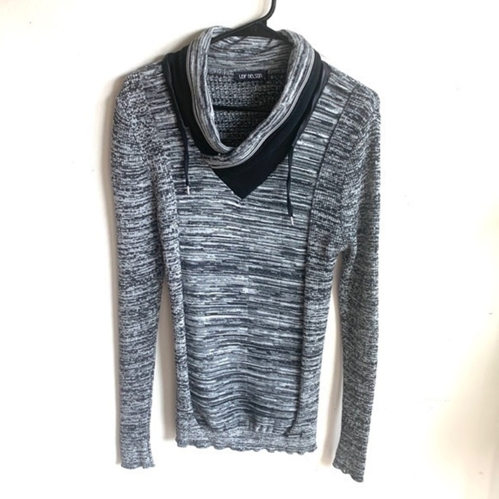 Leif Nelson Faux Leather Trim Collar Black White Stretch Fit Sweater